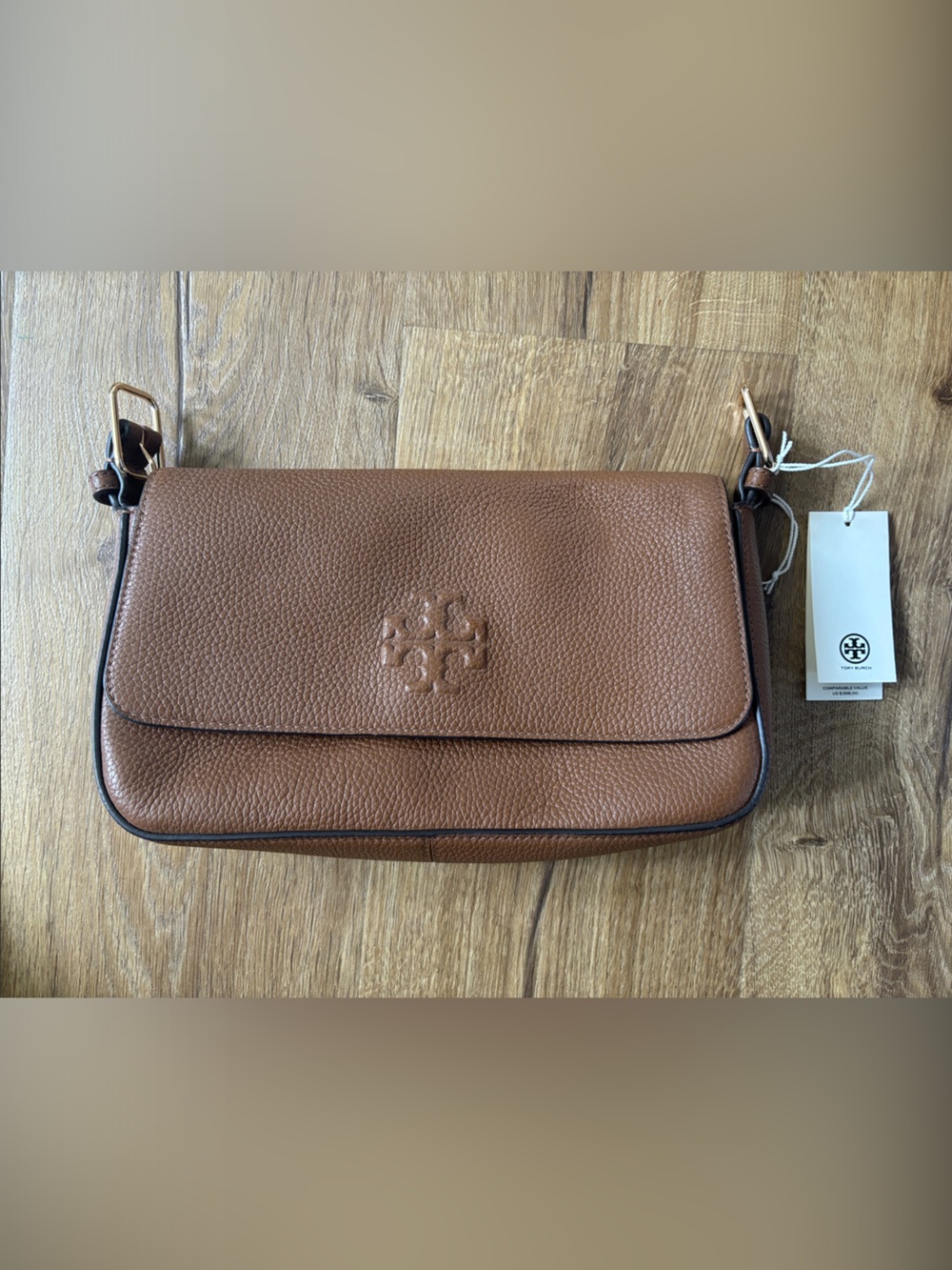 Tory Burch Cognac Pebbled Leather Messenger Crossbody